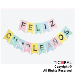 BANDERIN FELIZ CUMPLE COLOR PASTEL MULTICOLOR CON STAMPING x 1